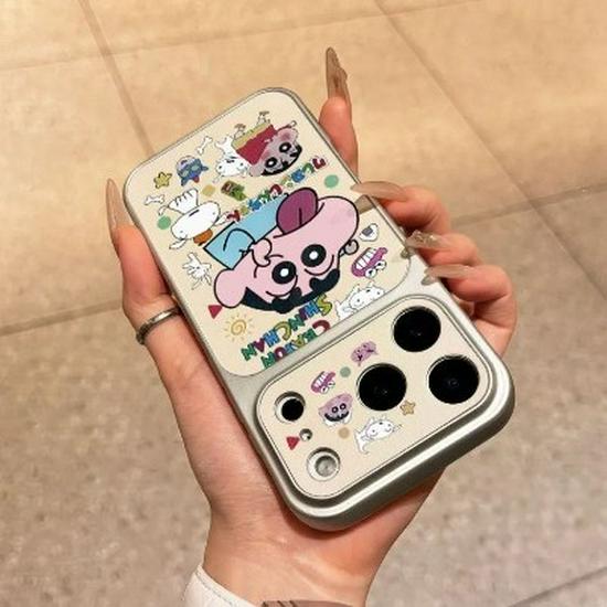 Shin-chan Full Coverage Compatible Apple Phone Case for 17 ProMax, Silver Frame, Corning Shell, Large Window, Personalized Design.