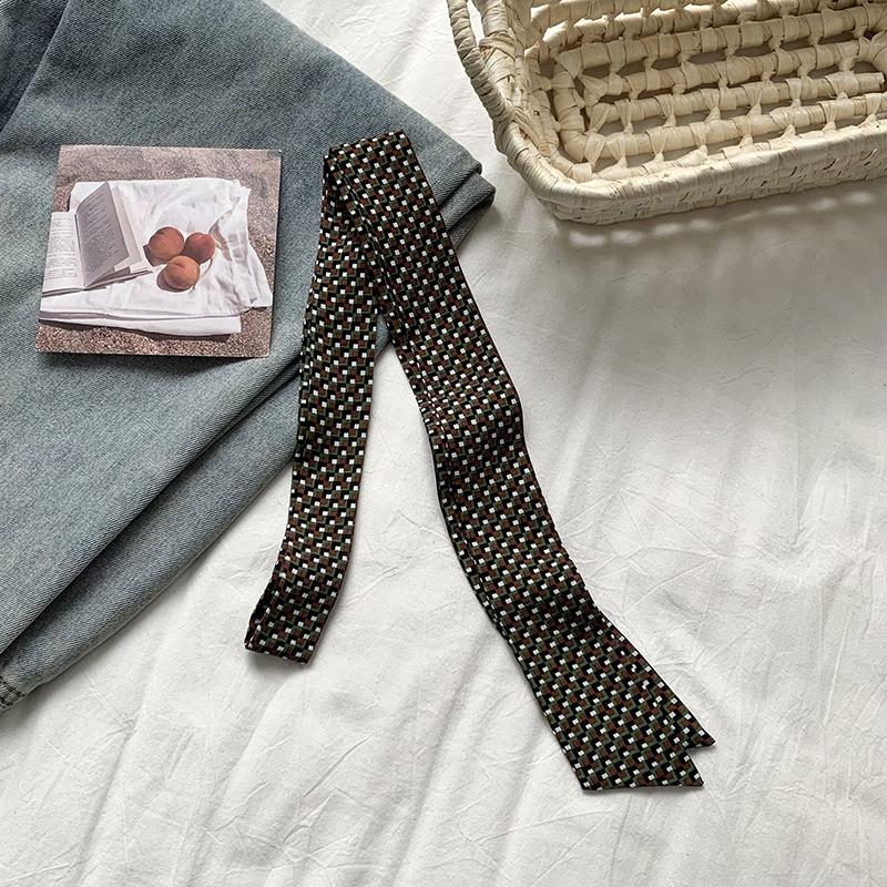 Silk scarf long strip high-end thin and narrow scarf women wear silk scarf polka dot plaid printing streamer