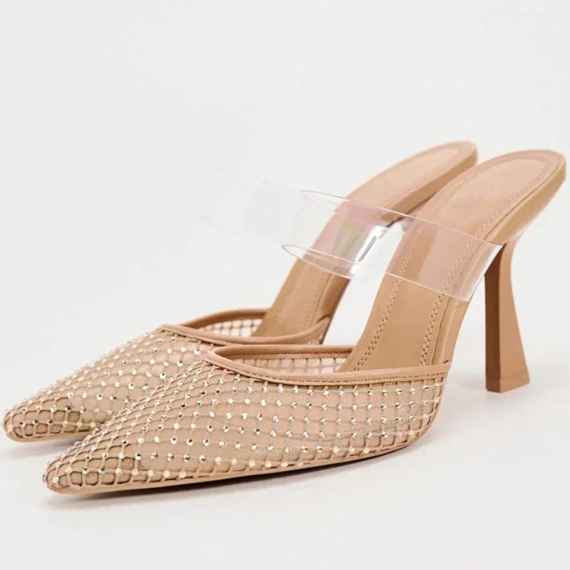 Fashion Crystal Mesh Breathable Thin High Heel Slippers Women Sexy Pointed Toe Slingback Slide Sandal Elegant Designer Party Dress Pumps