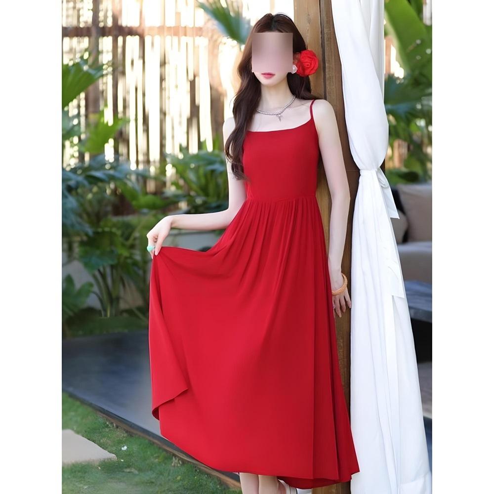 Huge beautiful French red halter dress, summer beautiful small skirt, seaside vacation beach dress