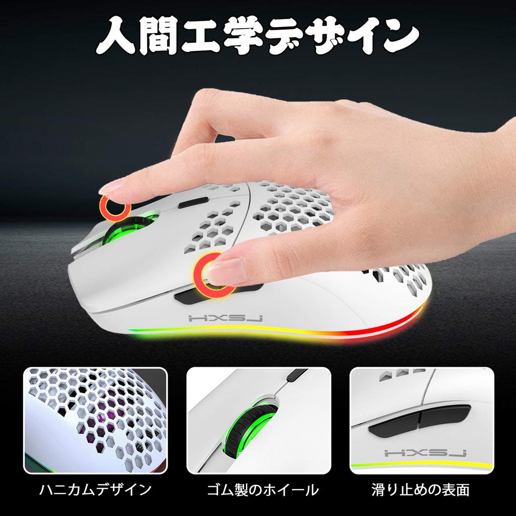 Wireless Gaming Mouse, Lightweight, Honeycomb Design, Optical, RGB Backlight, 6 Buttons, 4-Level DPI Adjustment, Rechargeable 750mAh 2.4GHz Battery,