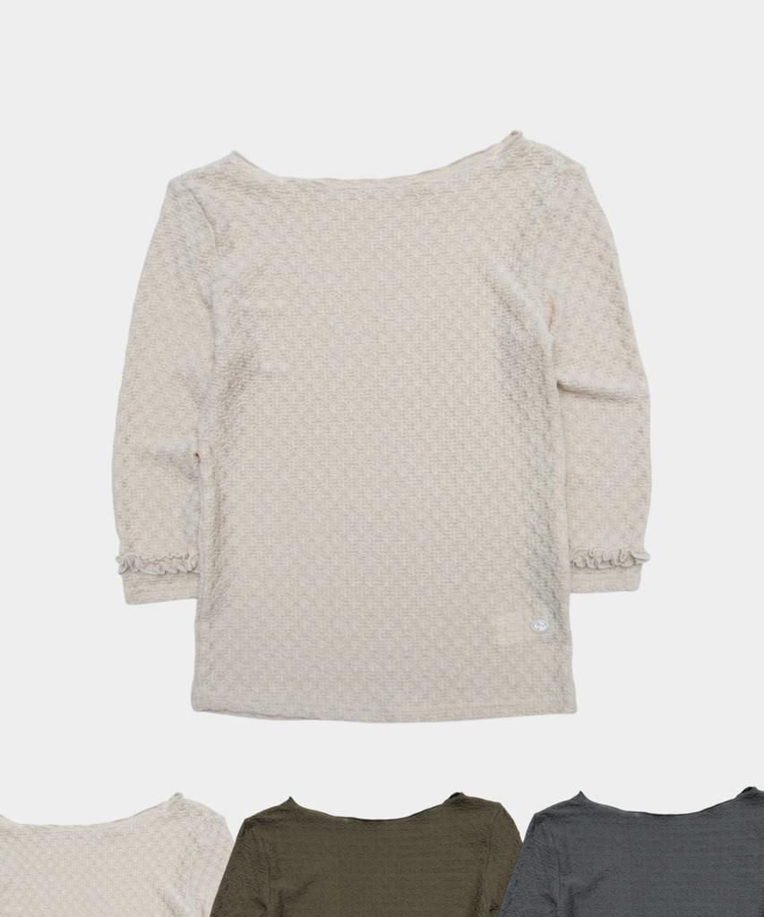 SOME PLACE Wrinkle Frill Point Boat Neck Semi-Slim 3/4 Long Sleeve T-Shirt_3 Colors