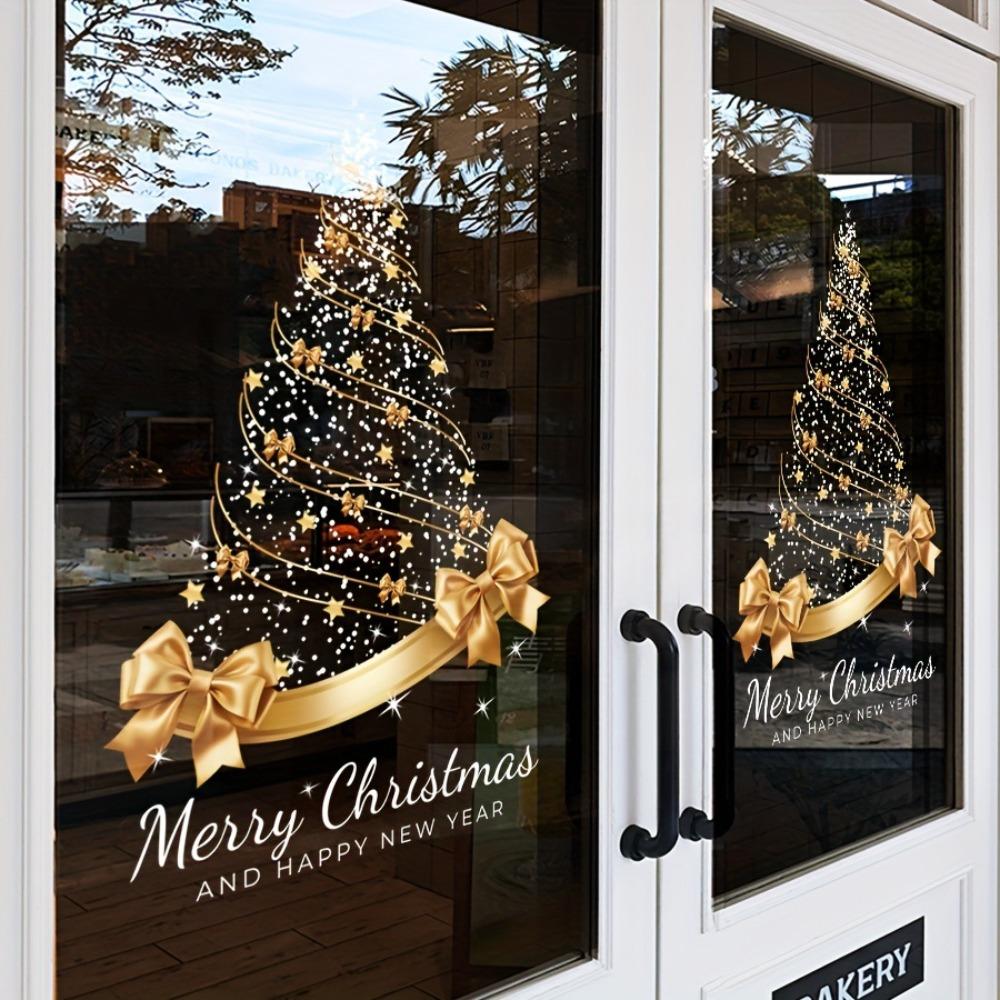 Star Bow Design Golden Christmas Tree Window Stickers Christmas Glass Door Stickers Store