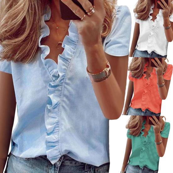 Women Shirt V-neck Lace Ruffle Soft Low-cut Dating Short Sleeves Commute OL Style Blouse
