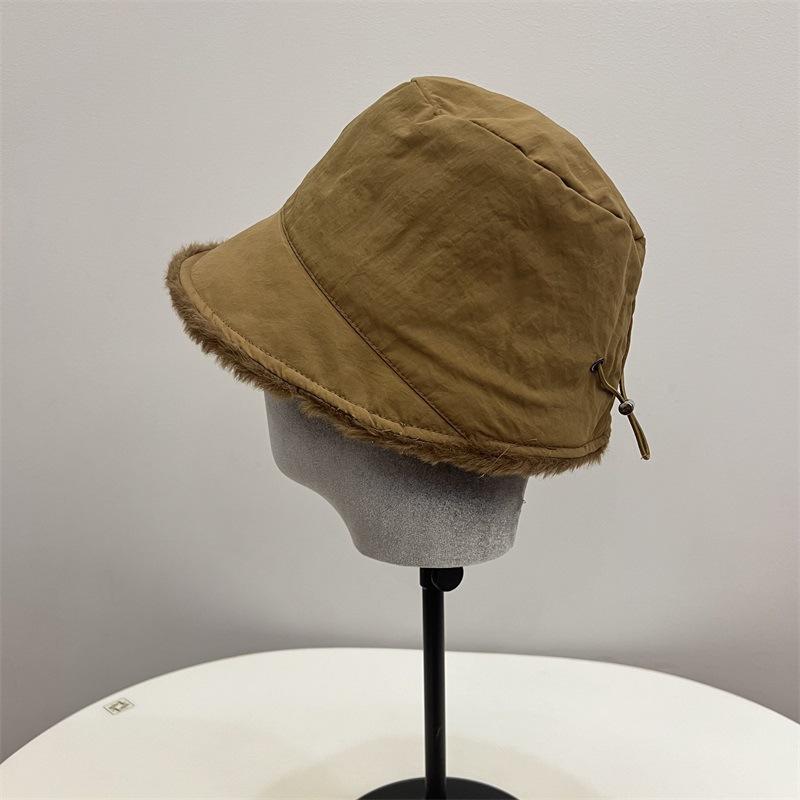 Nylon Waterproof Velvet External Drawstring Front Long Rear Short Basin Hat Women's Winter Literary and Leisure Warm Bucket Hat