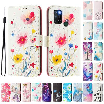 Capa tipo carteira de couro pintado com flores, estilo livro, para Oppo A72/A52/A92 4G, A36 4G, Reno 8/9, Realme 8/9/10/11/12...