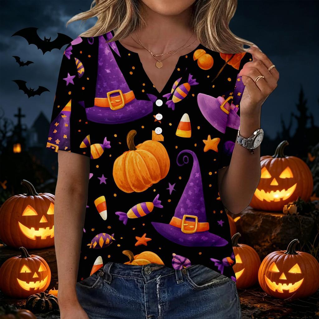 Women's Casual Halloween Print V Neck Short Sleeve Button Detail T Shirt Top Suitable for Everyday Wear and Seasonal Events