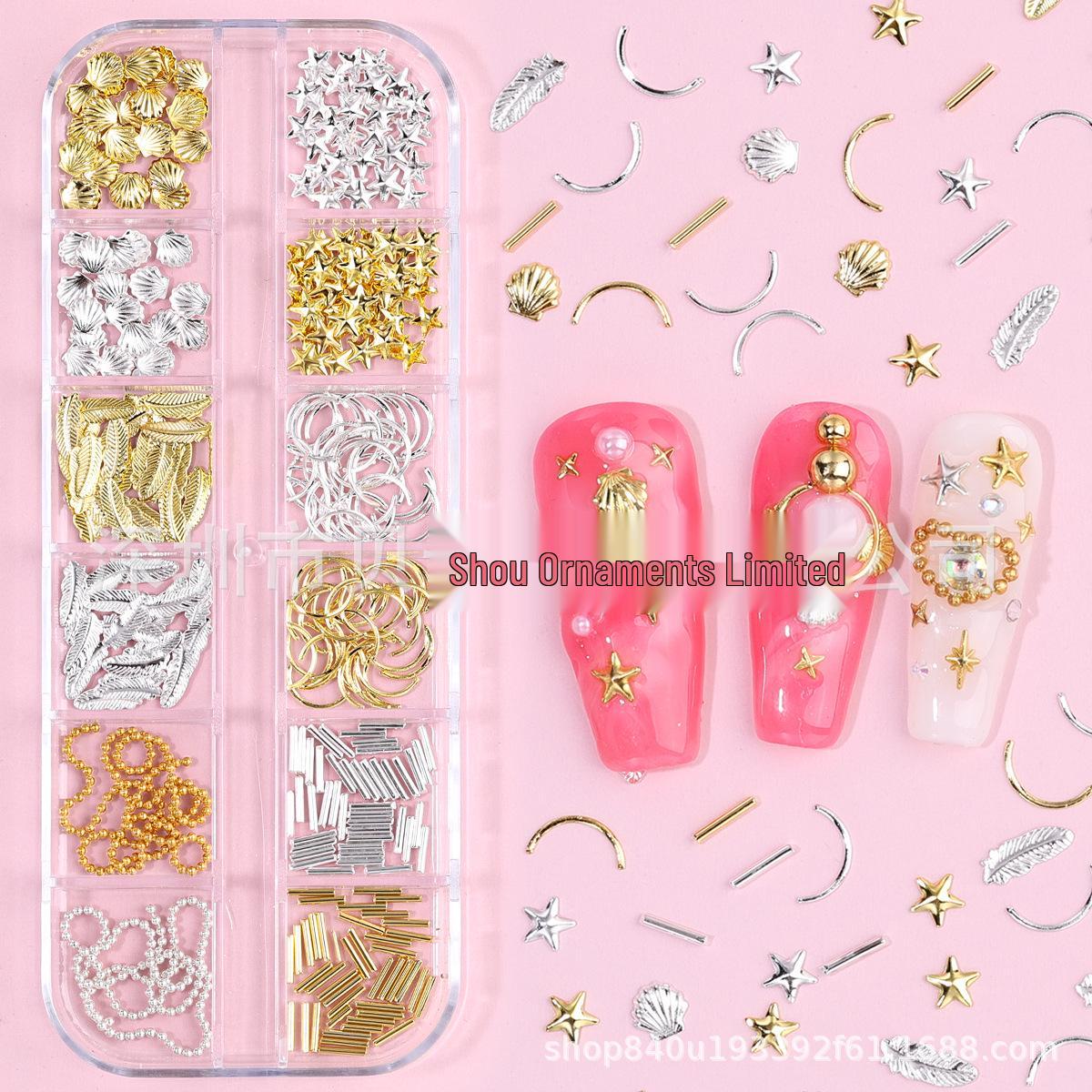 Dual-Tone Gold & Silver Rivet Nail Art Accessories with Feather and Metal Chain