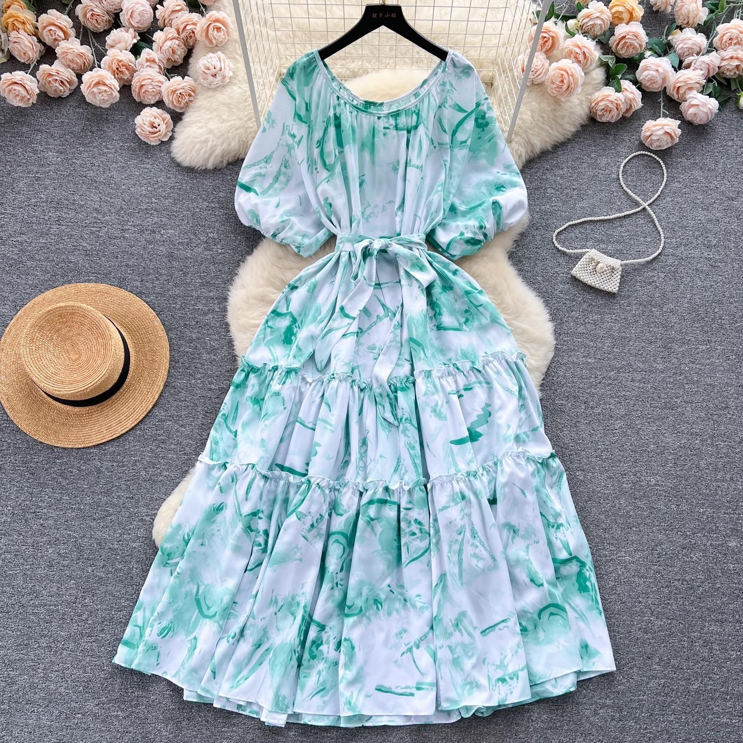 

Стиль знаменитостей с короткими рукавами и принтом, длинное платье трапециевидной формы с рюшами и краями, летнее платье One Size небесно-голубой