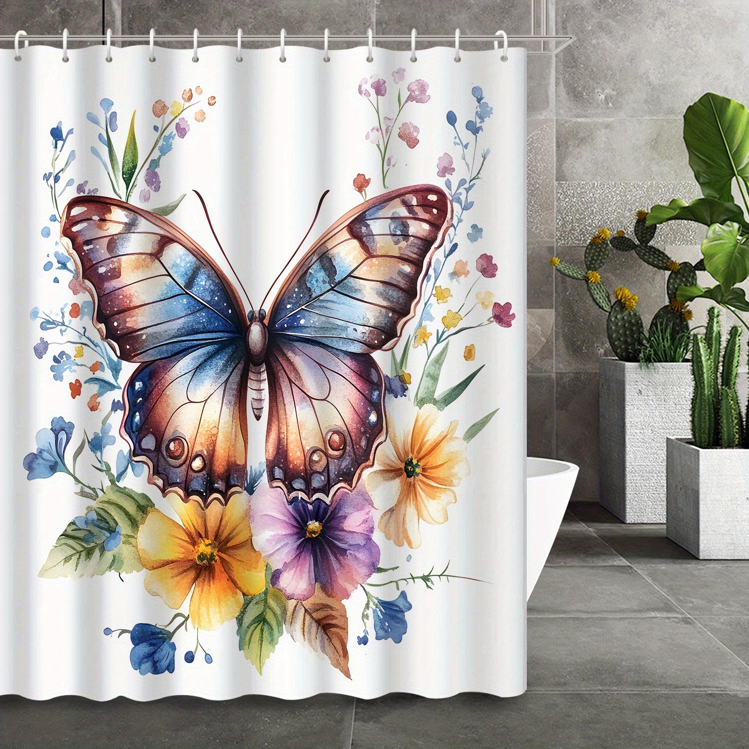 Watercolor Cartoon Butterfly Floral Shower Curtain, 12 Hooks, High Quality for Bathroom Decor W90xH180cm