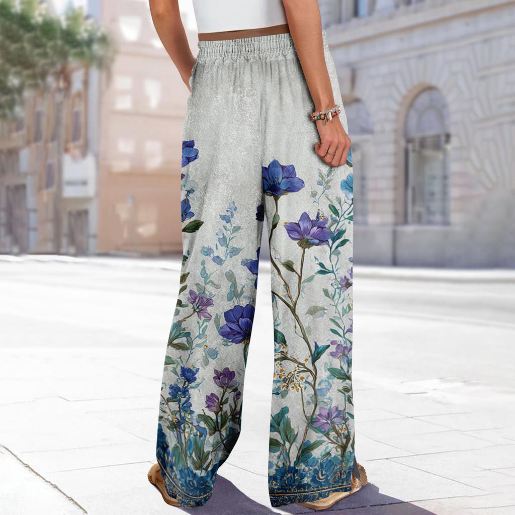 Dámské letní kalhoty Boho Palazzo s vysokým pasem a širokými nohavicemi s květinovým potiskem ležérní kalhoty s kapsami