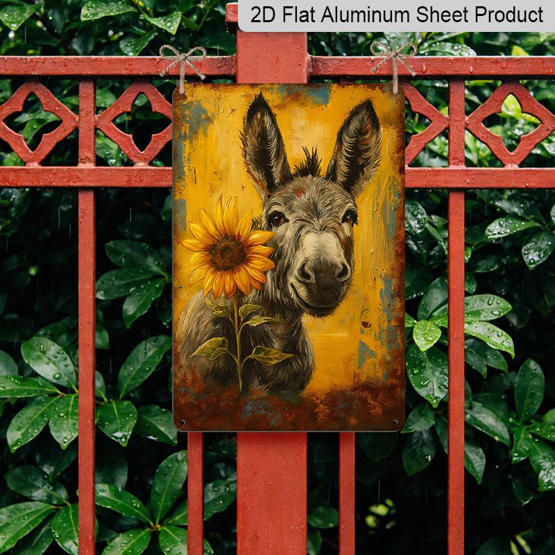 2D Flat, Vintage Metal Donkey Sign, Cute Donkey and Sunflower Patterns, 8x12 Inch, Durable Aluminum Material, Indoor/Outdoor Decorative Hanging Plate