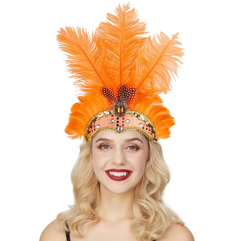 

1 шт. Головной убор с перьями, Аксессуары для Марди Гра, Пайетки, Фестивальный головной убор, Женский эластичный головной убор со стразами, Повязка на голову оранжевый