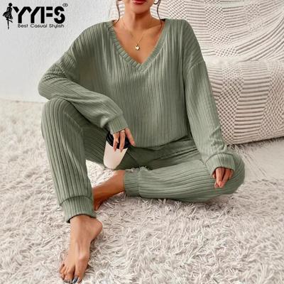 Damen Mode Lässig Frühling Herbst Einfarbige Druck Langarm V-Ausschnitt Hosen Anzüge