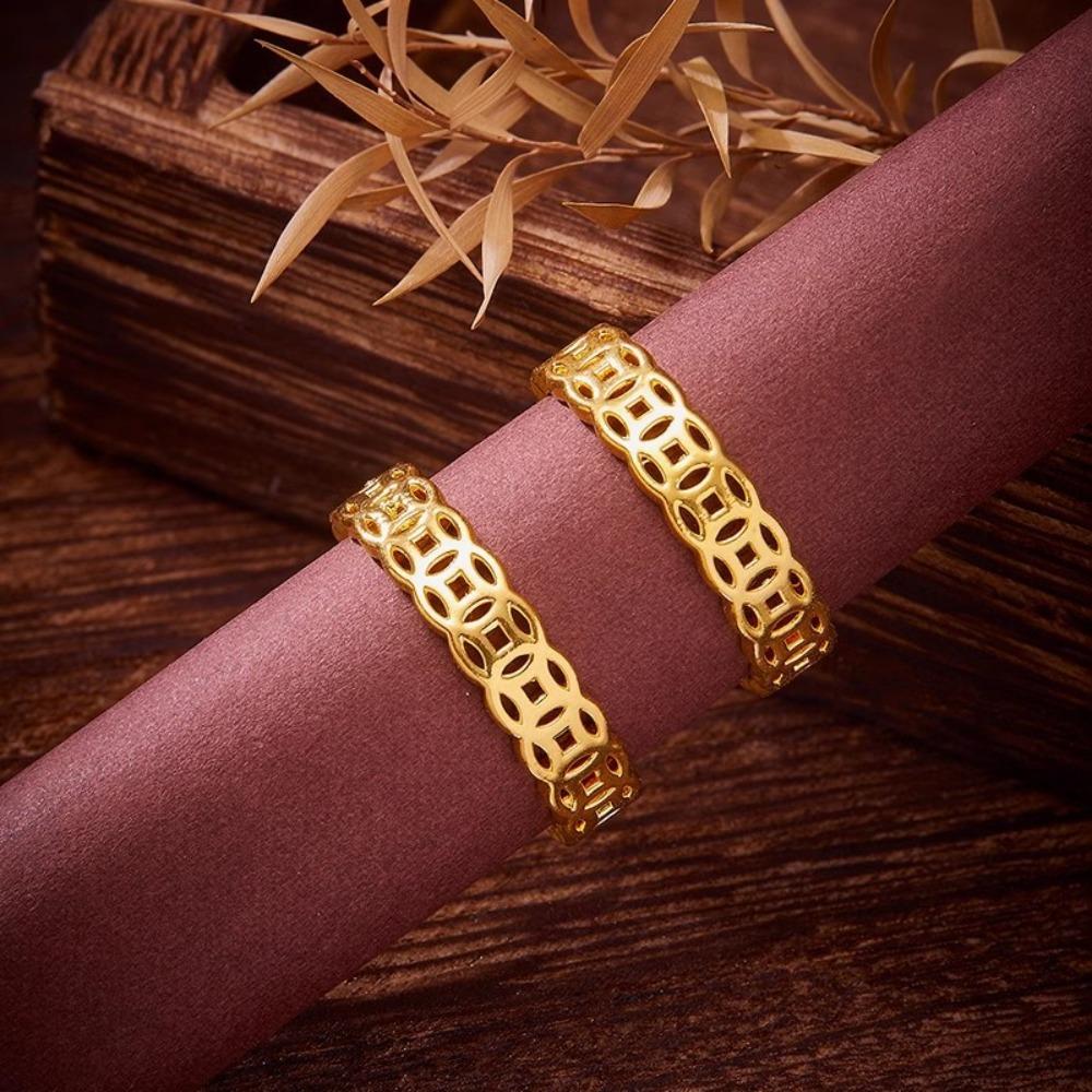Chinesischer Stil Hohlmünzringe für Damen Paare Einfache Goldbeschichtete Geldringe für Wohlstand und Glück