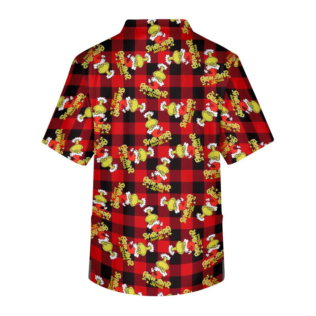 Men's Short Sleeve V-Neck Christmas Print Uniform Top with Chest Pocket