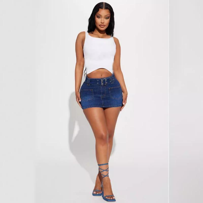 Women's Four Seasons Elastic Denim Skirt Half-length Skirt Sexy Short Skirt with Belt
