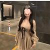 French Elegant High-end Bow V-neck Pleated Slim-fit White Dress for Women - Autumn Style