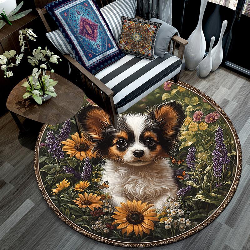Puppy In Sunflowers Round Area Rug,Carpet Rug for Living Room Bedroom Sofa Playroom Decor,Non-slip Floor Mat