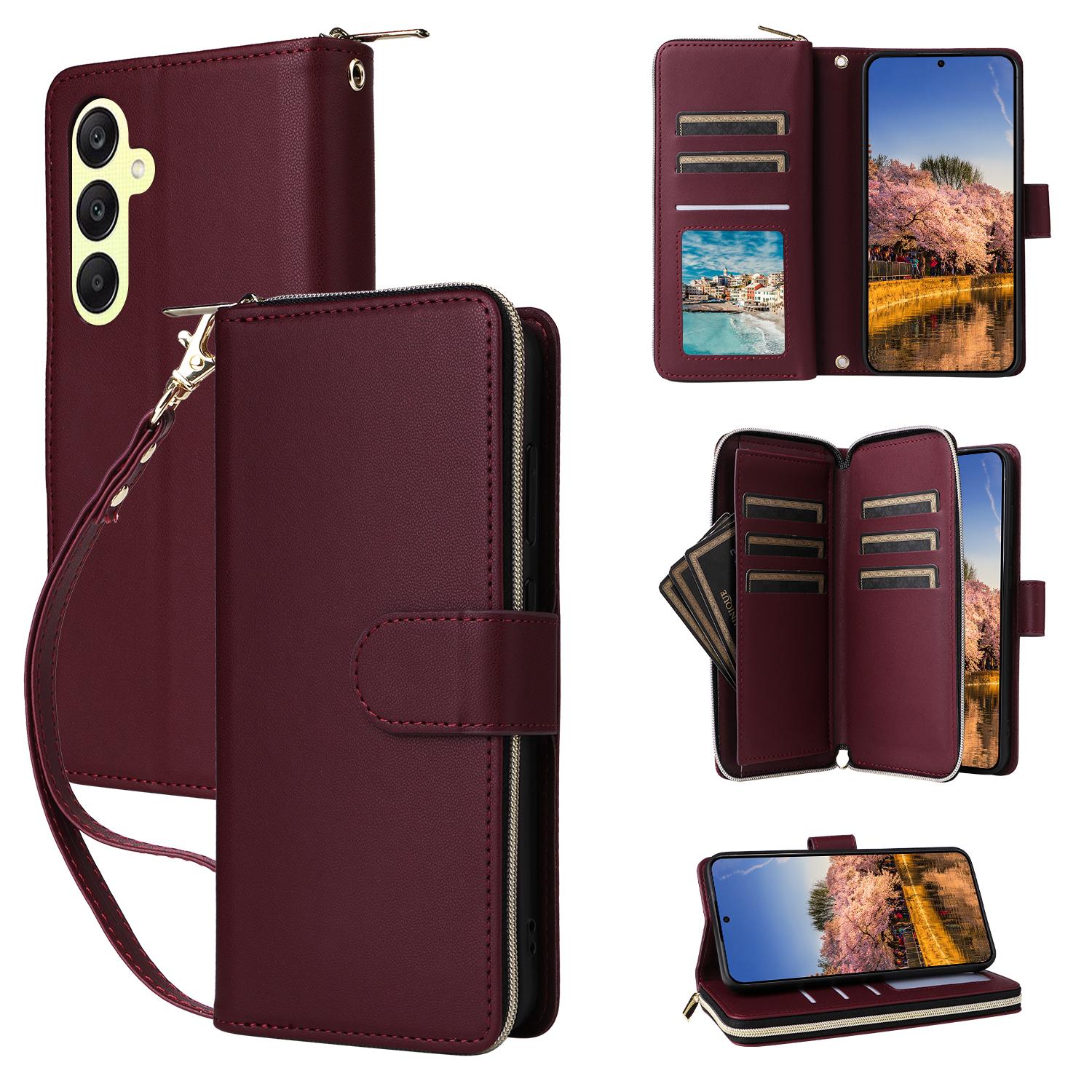 

R20 For Samsung Galaxy A25 5G (Global) (161.0 X 76.5 X 8.3mm) Case Zipper Pocket Leather Cover Wine Red