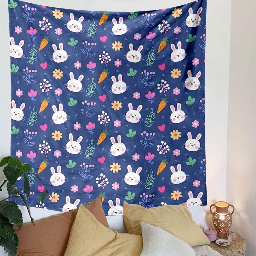 Cute Bunny and Carrot Floral Pattern Patterned Tapestry Decorative Wall Hanging, Home Bedroom Living Room Decor