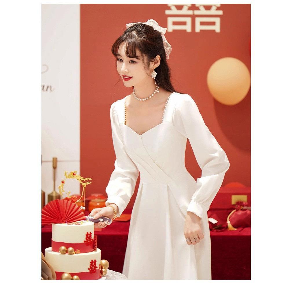 White Certificate Registration Dress Can Be Worn Daily, Celebrity Temperament Light Luxury Niche High-end Autumn Engagement Dress