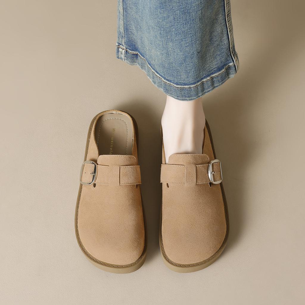 Thick-soled Female Genuine Leather Toe Slippers for Women, Slippers for Lazy People, and Semi-slippers