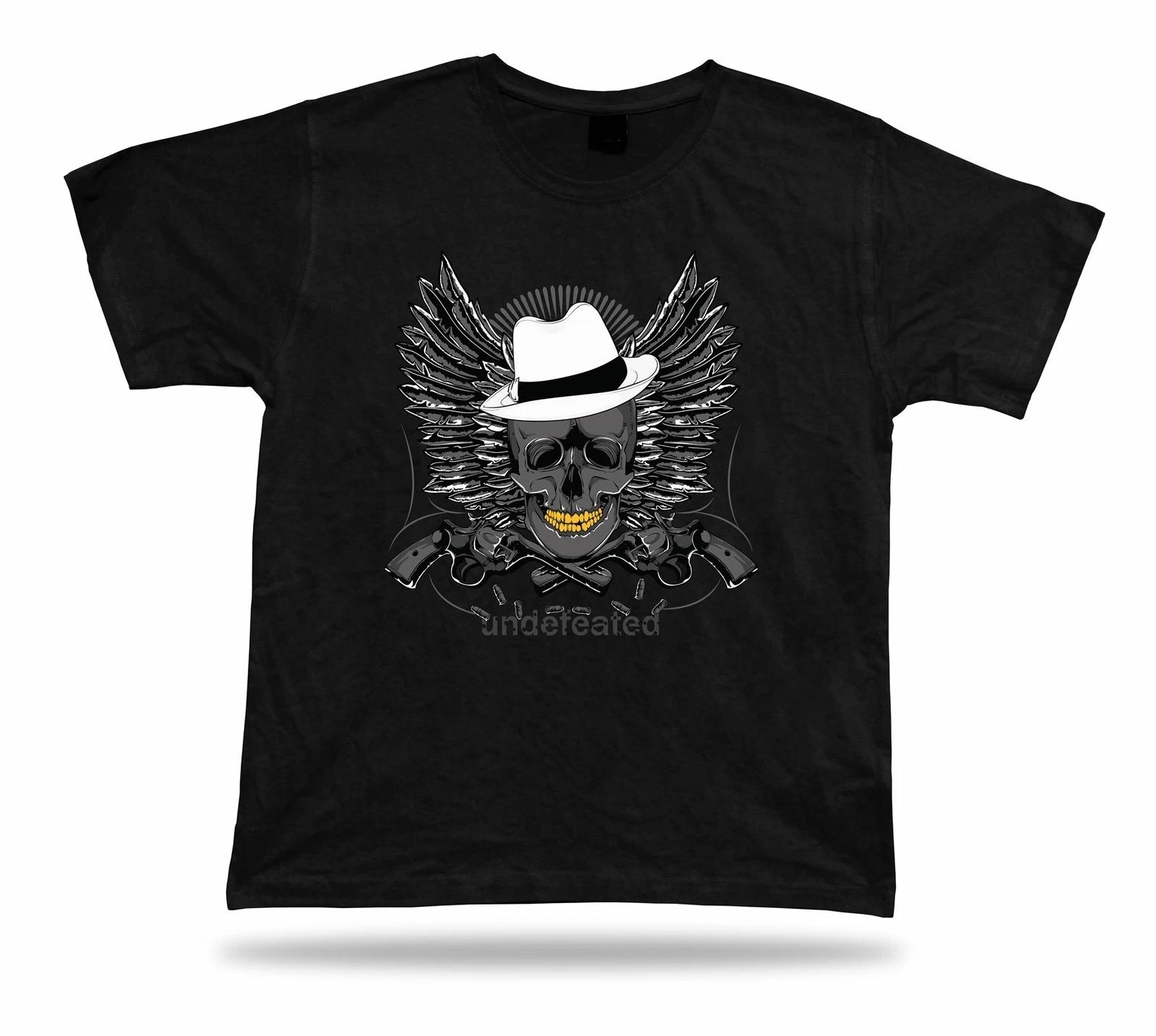 Tshirt Tee Shirt Birthday Gift Idea Undefeated Gangster Skull Pistol Mob Retro S