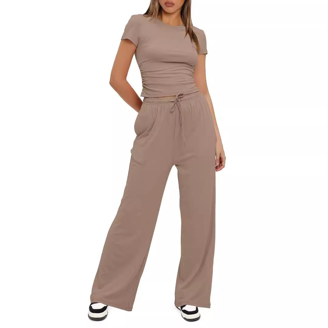 

Ladies Slim Fit Solid Color Casual Short Sleeved Top, High Waist Wide Leg Pants Sports Suit S хаки
