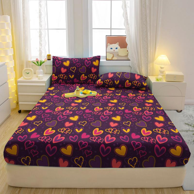 Simple 1 Modern Heart-Shaped Printed Matte Fitted Sheet, Bedroom Printed Bed Cover, Bedding Excluding Pillowcases