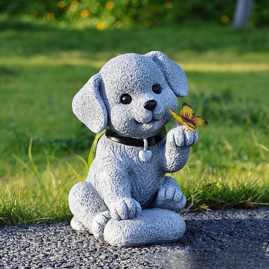 Garden Dog Statue with Solar Butterfly Light Small Resin Puppy Sculpture Outdoor Waterproof Solar Powered Animal Figurine for Yard Patio Lawn