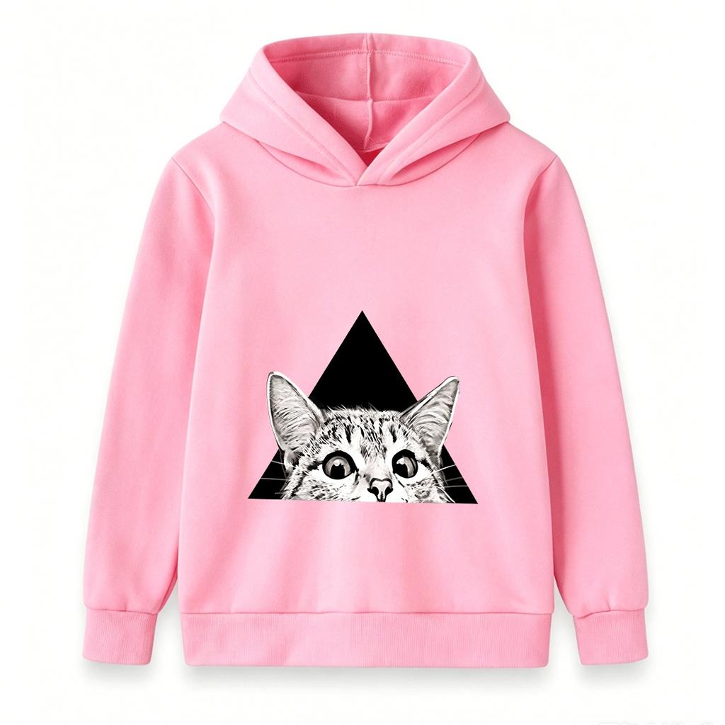 Kids Boys Girls Hooded Sweatshirt, Funny Peeking Cat Triangle Graphic Casual Pullover Hoodie, Soft Long Sleeve Streetwear for Children