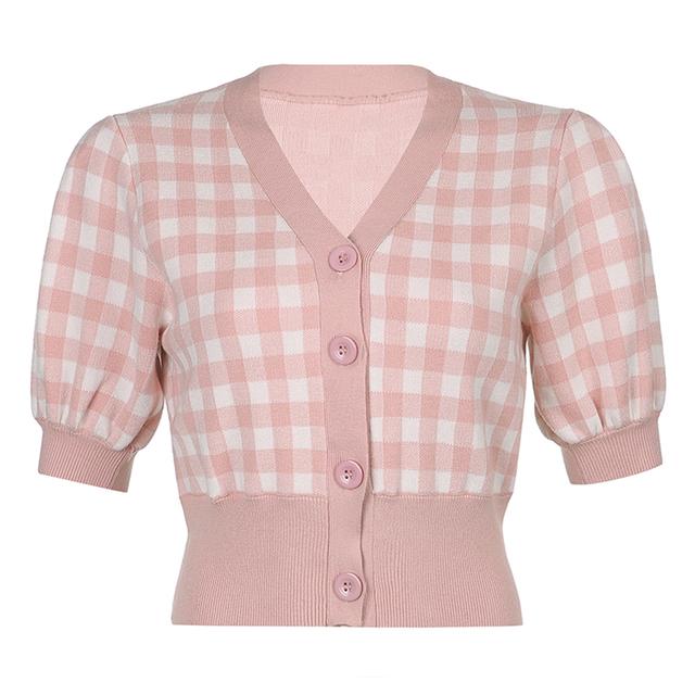 Кардиган 2023 Новая осенняя мода Женские клетчатые кроп-топы Взрослые Пуговицы Цветной блок Пышный рукав Кардиган с V-образным вырезом Повседневный стиль L розовый