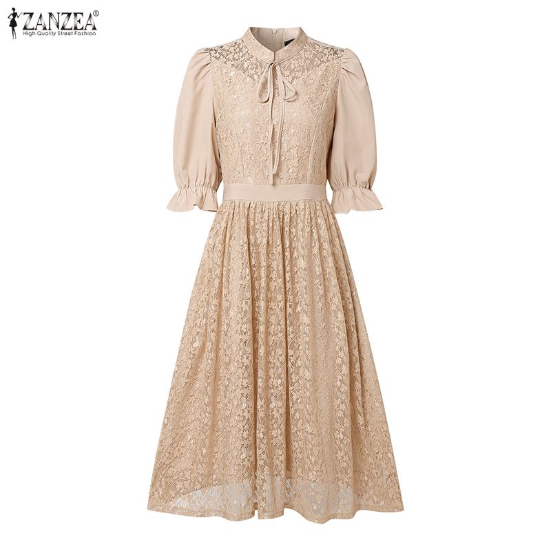 ZANZEA Damen Lässiges Stehkragen 3/4 Ärmel Lockeres Patchwork Spitzenkleid