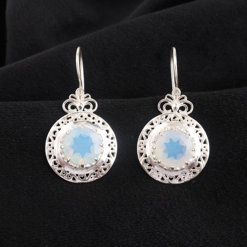 Milky Opal Gemstone Earring 1.5" , 925 Sterling Silver Jewelry, October Birthmonth Gift, Opal Round Earring For Thanksgiving Gift CE-25-18