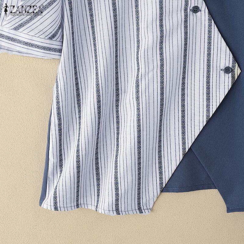 ZANZEA Women Casual Turn Down Collar Summer Short Sleeve Stripe Blouse