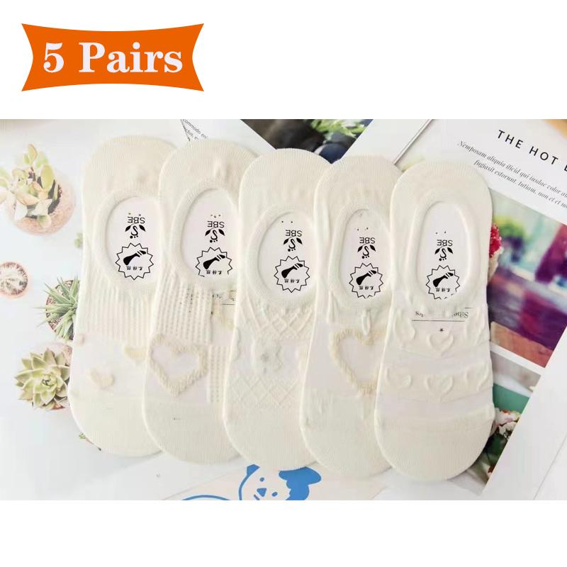 5 Pairs Women's Invisible Breathable Boat Socks No Show Thin Mesh Lace Solid Non-Slip Cotton Short Socks for Fashionable Comfort