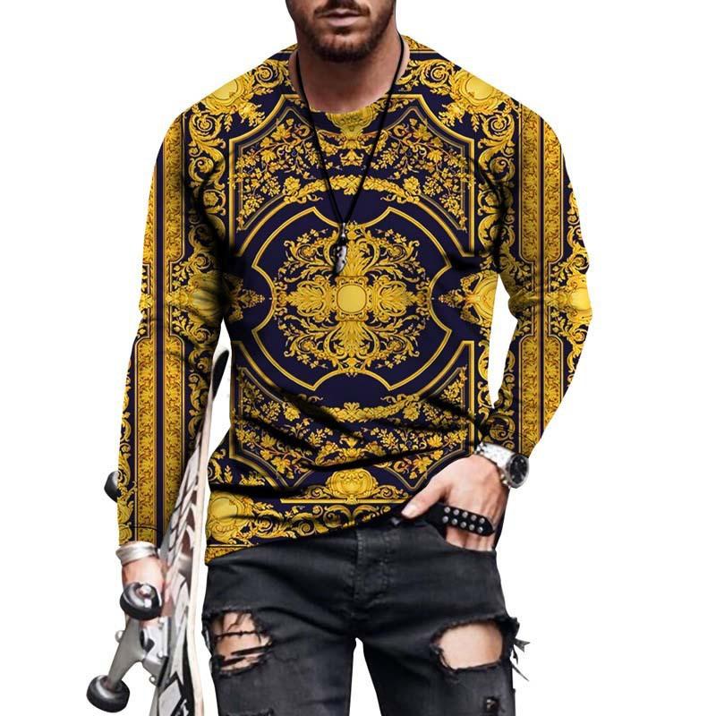 3D Ethnic Pattern Printed Fashionable Casual Long Sleeved Men's T-shirts - Soft Medium Stretch Polyester Fabric Spring and Autumn Relaxed Fit Clothing