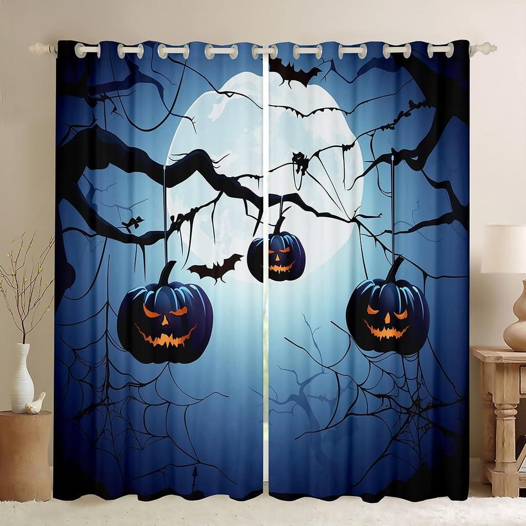 Happy Halloween Curtain Pumpkin Curtains Trick Treat Gothic Night Drapes Horror Cartoon Window Room Darkening Made Of Polyester