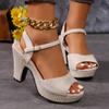 New Foreign Trade European and American Style Large Size Thick Heel Round Head Solid Color Hollow One-character Buckle High Heel Sandals Women