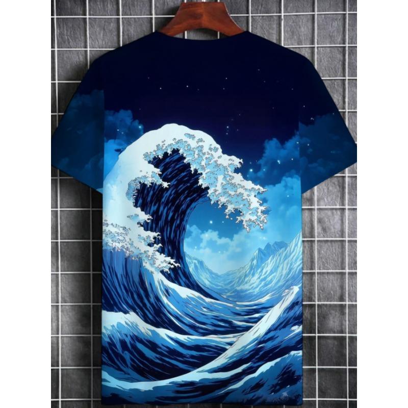 Men's Great Wave 3D Printed T-Shirt Casual Short Sleeve Crewneck Top Cool Ocean Sea Surge Graphic Tee Trendy Japanese Style Summer Streetwear Clothes