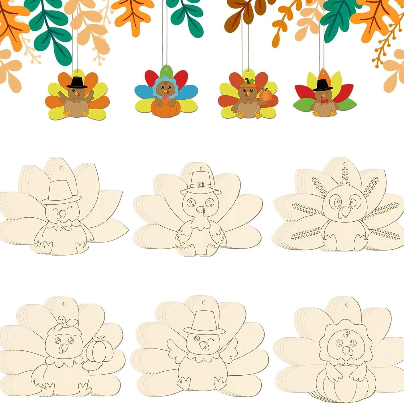 Thanksgiving Turkey Wood Desktop Sign - DIY Craft Decoration 24 pcs with 1m twine
