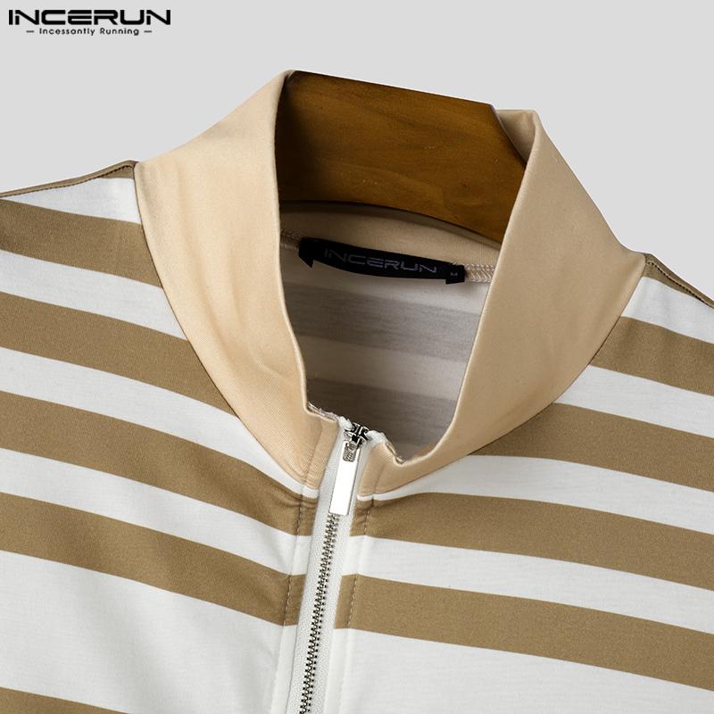 INCERUN Summer Men Cutout Short Sleeve Stitching Zipper Up Striped Casual T-shirts
