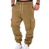 Mens Retro Casual Cargo Pants Loose Multi Pocket Drawstring Long Trousers