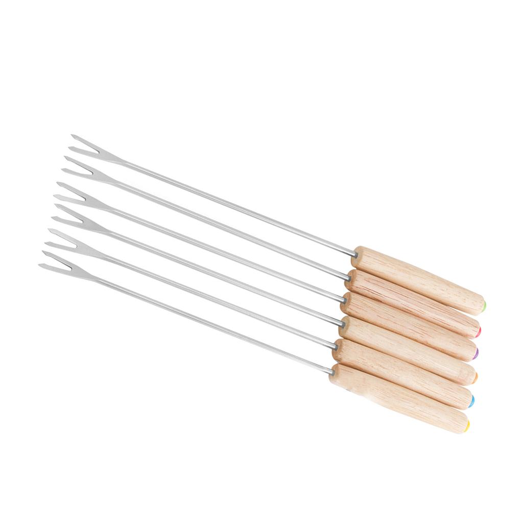 6pcs Stainless Steel Fondue Forks Cheese Fondue Sticks Smore Sticks with Wooden Handle Heat Resistant for Chocolate