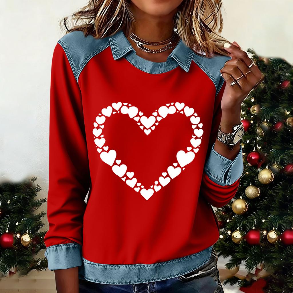 Women's Fashion Flared Long Sleeve Denim Patchwork Sweatshirt Valentine's Day Print Casual Pullover Top