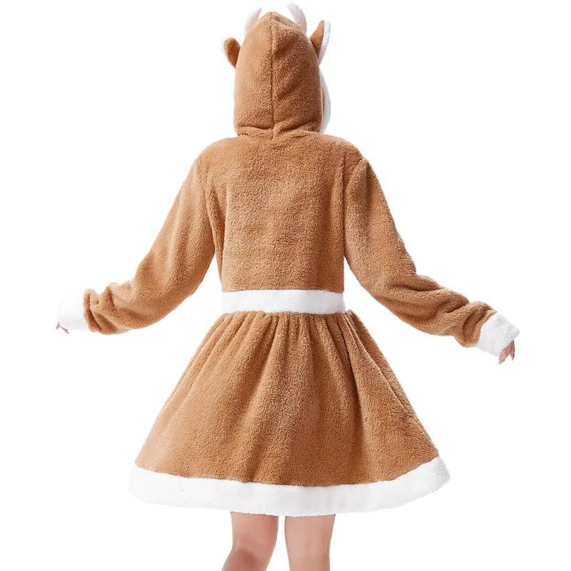 Adult Women Animals Elk Christmas Reindeer Velvet Hooded Dress Halloween Role Play Dress Up Cosplay Costume