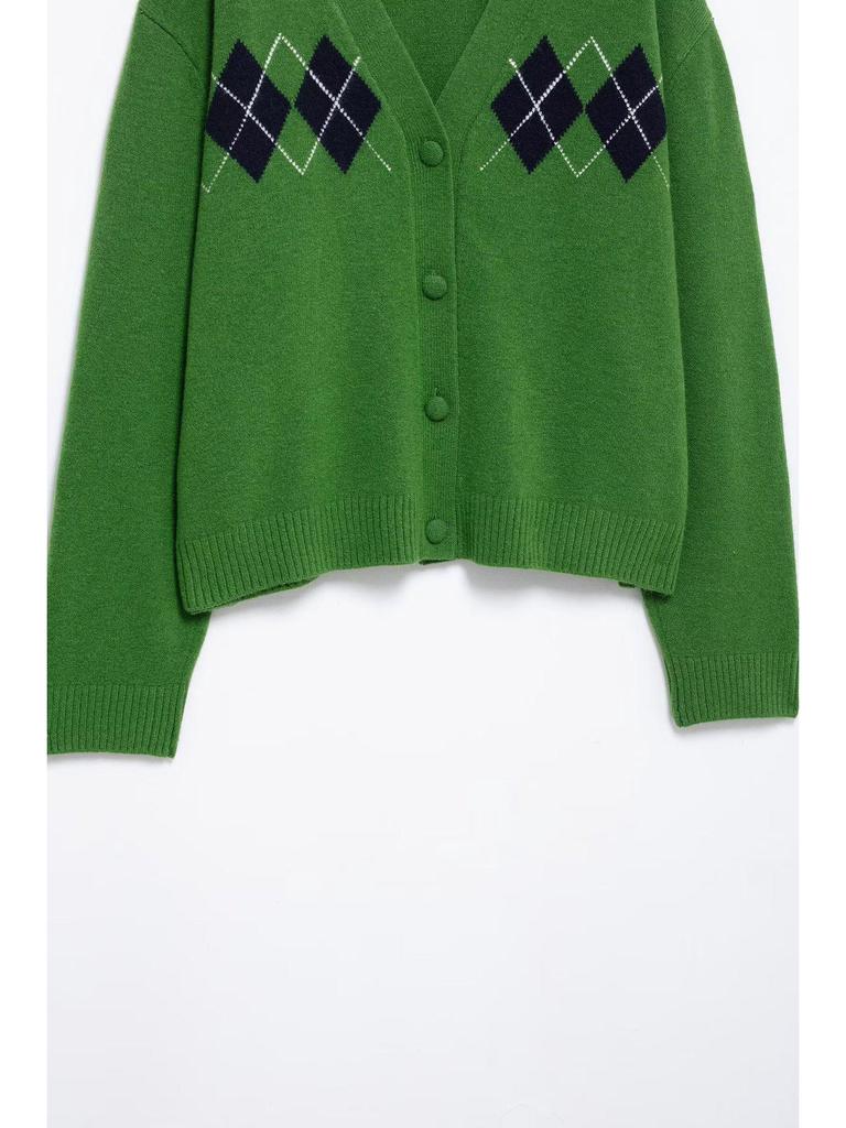 Spring 2025 Women's V-Neck Diamond Pattern Long Sleeve Knit Cardigan