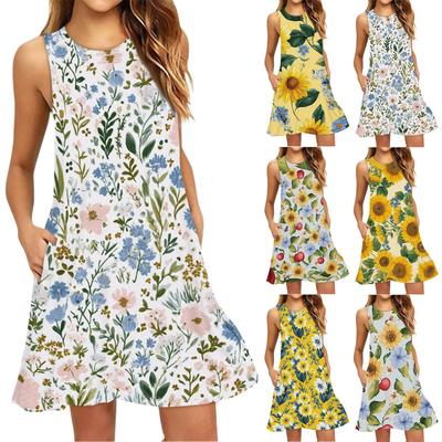 Damesmode Strandjurk Mouwloos Ronde Hals Bloemenprint Jurk