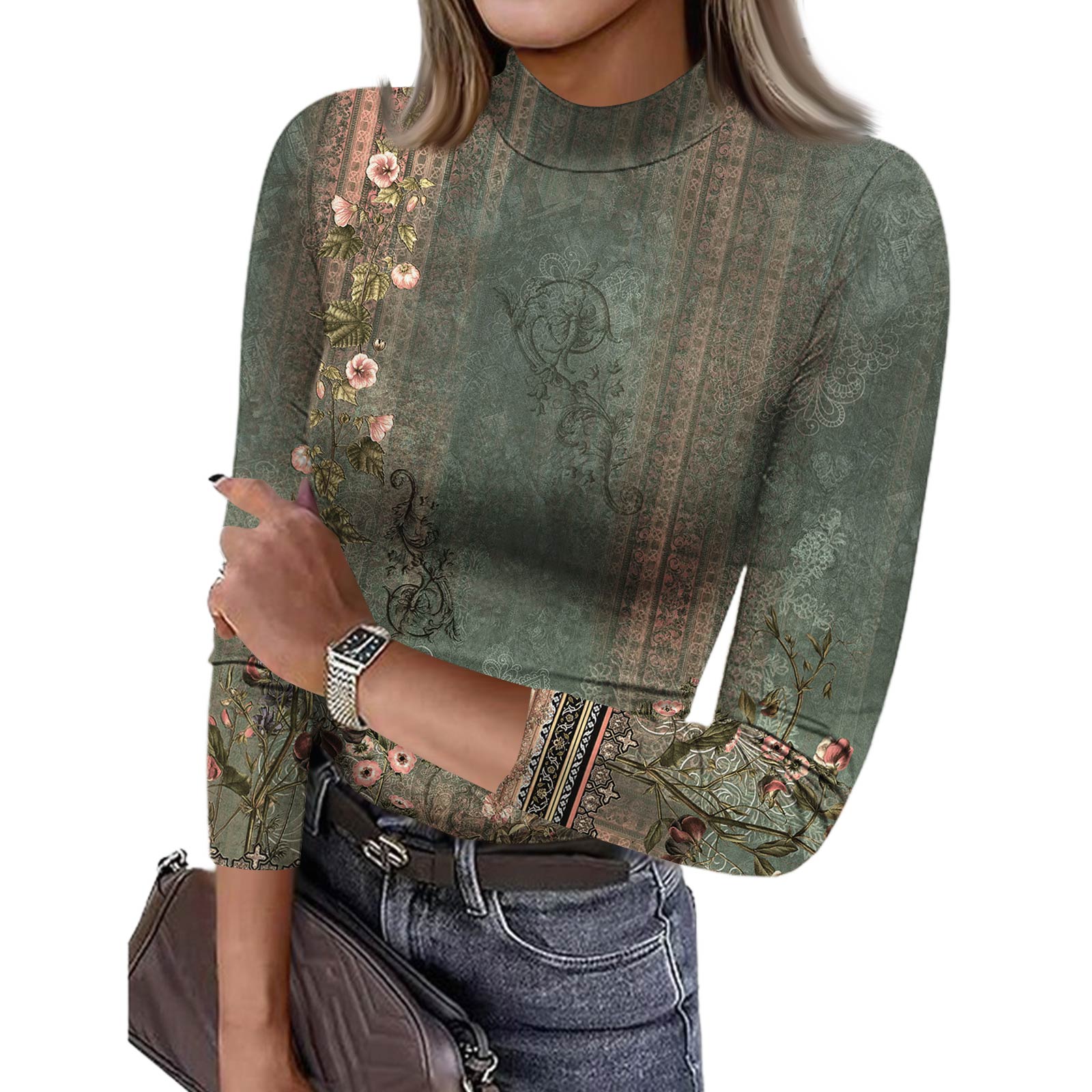 

Женская футболка с облегающим низом, модная повседневная, с градиентным принтом, с круглым вырезом, пуловер, топ с рукавом 3/4 S